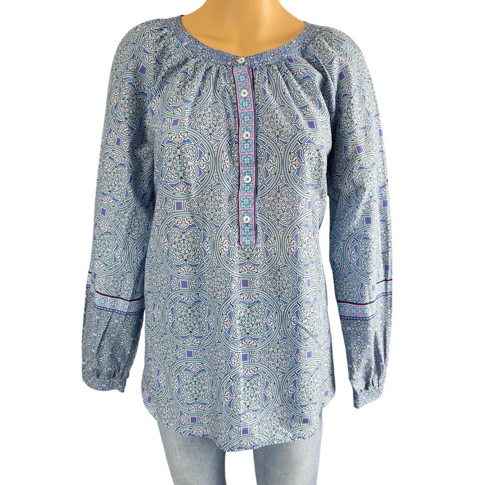 Talbots Popover Top Blue Kaleidoscope Pattern Preppy Boho Women’s Size /M
